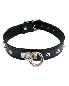 Leather O-Ring (removable) Thin Studded Collar Black