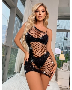 Babydoll Fishnet with Rhinestones S/L - Black