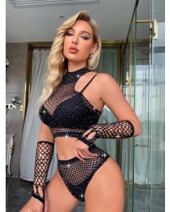 Short, Top + Gloves with Rhinestones S/L
