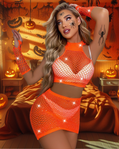 Skirt, Top + Gloves Set with Rhinestones S/L - Orange